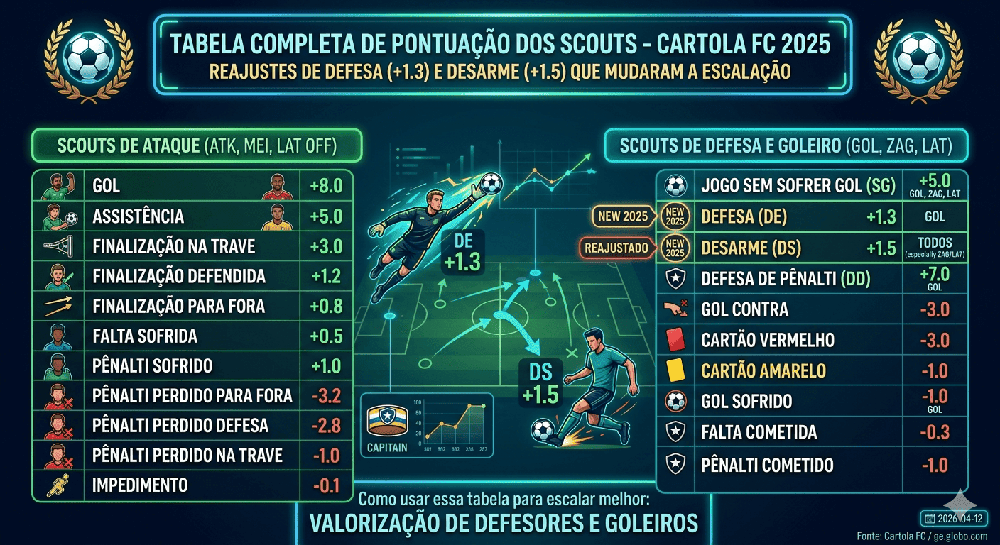 Pontuação dos scouts no Cartola FC 2025: tabela completa
